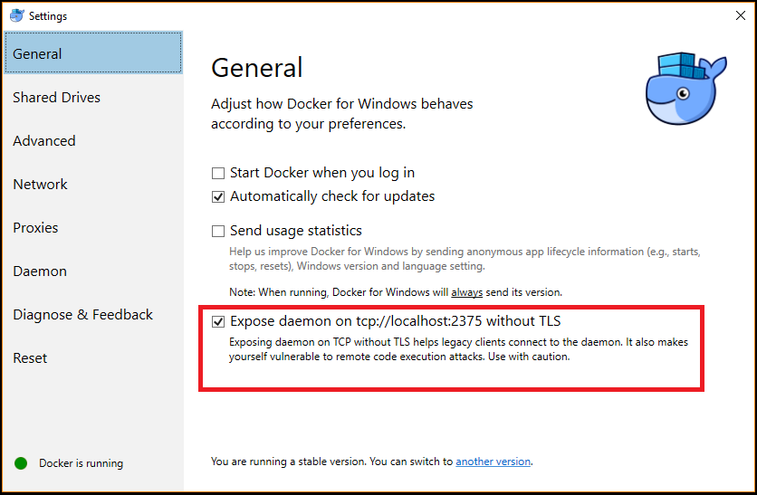 [Docker の設定] メニュー