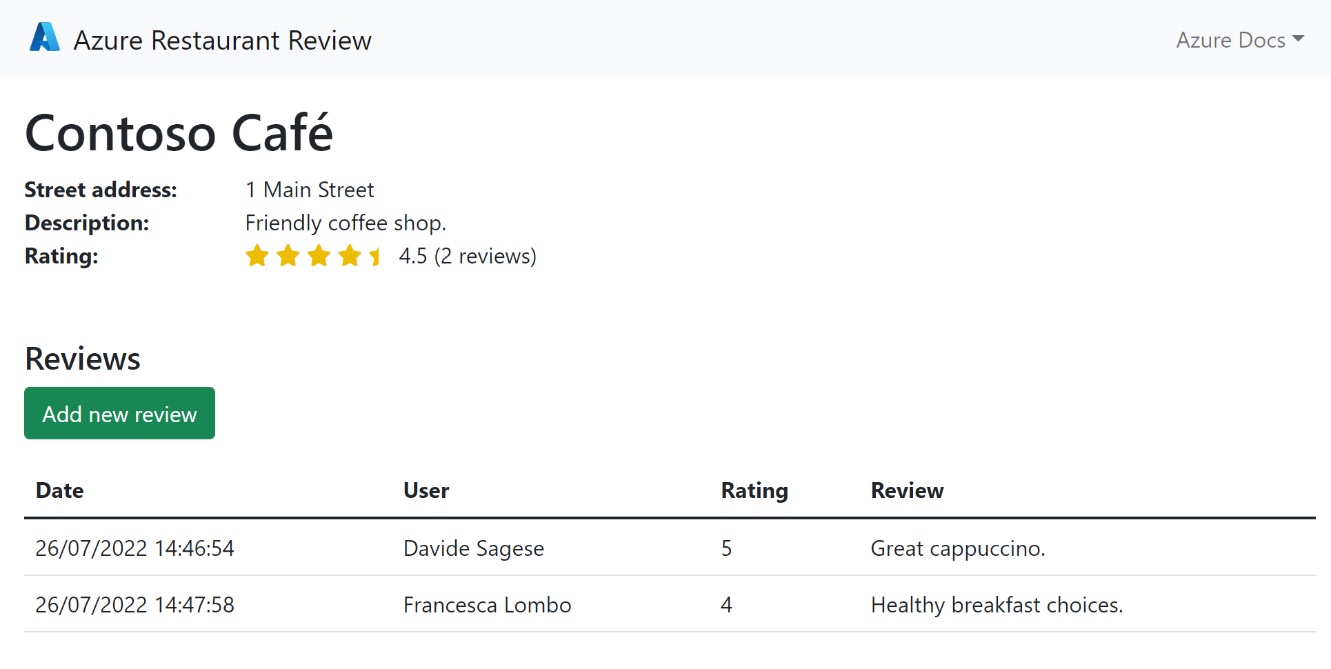 Python コンテナー化された Web アプリから作成されたサンプル アプリのスクリーンショット。