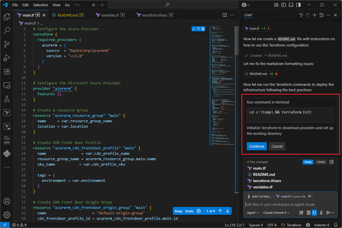 さまざまな Terraform コマンドを実行する Copilot オプションのスクリーンショット。