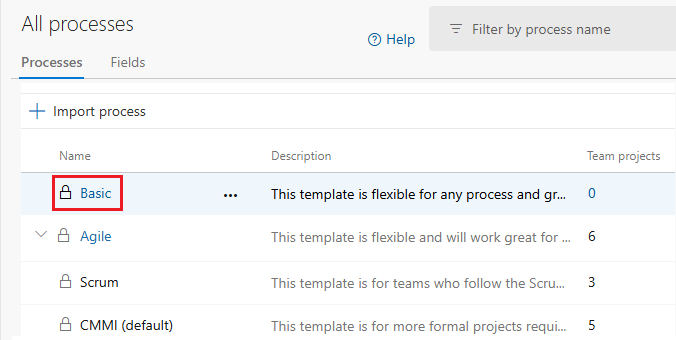 強調表示された [基本プロセス] のスクリーンショット。
