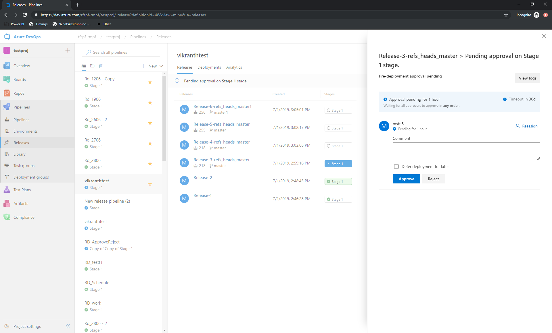 リリース ハブから直接リリースを承認する方法を示すスクリーンショット。