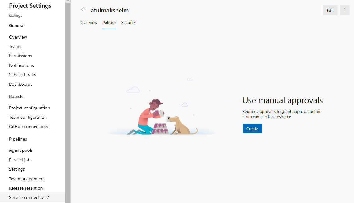 [手動承認の使用] ページと [作成] オプションが表示されている [ポリシー] タブを示すスクリーンショット。