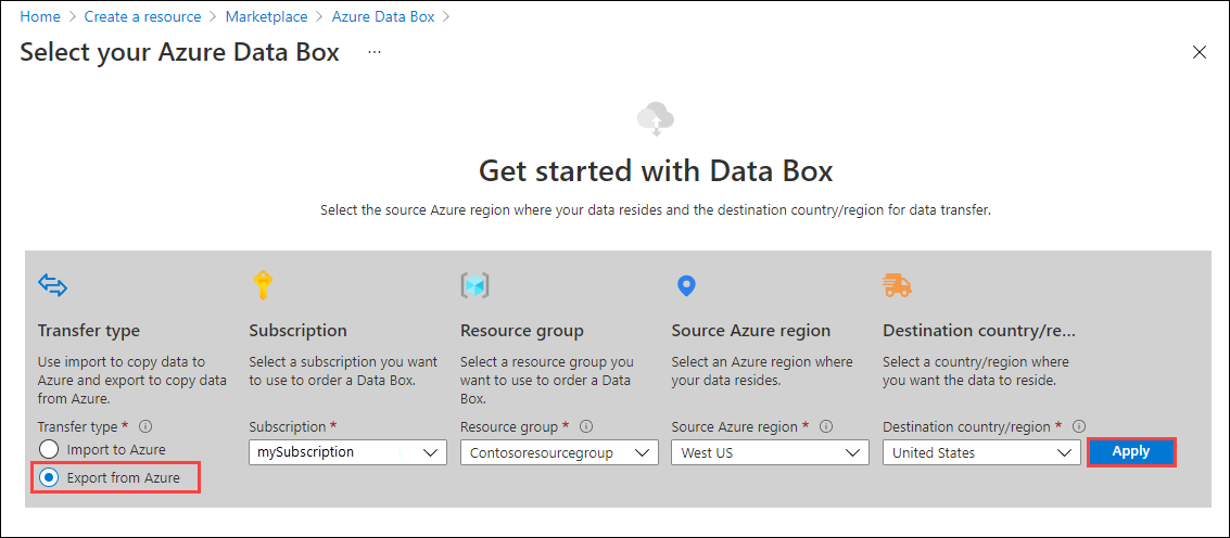 Azure Import/Export のポータルでの新しいエクスポート順序の [開始] オプションのスクリーンショット。[Azure からエクスポート] 転送の種類と [適用] ボタンが強調表示されています。