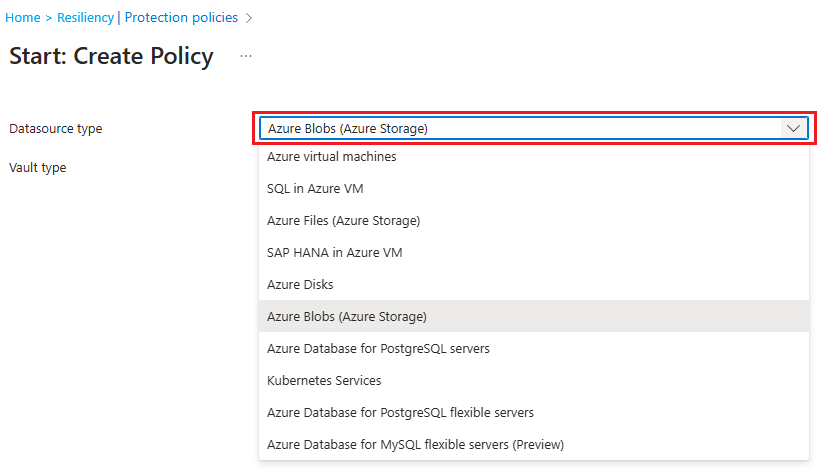 スクリーンショットには、ボールトされた BLOB バックアップのデータソースタイプを選択する方法が示されています。