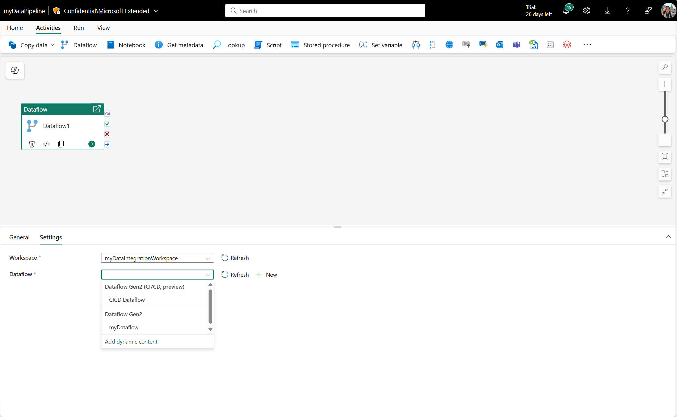 [データフロー アクティビティの設定] タブで選択するデータフローの一覧を示すドロップダウンを示すスクリーンショット