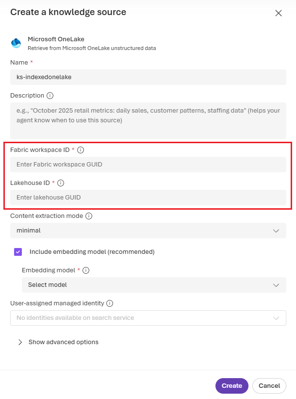 OneLake ナレッジ ソースを作成するためのワークスペース ID と lakehouse ID の提供を示すスクリーンショット。