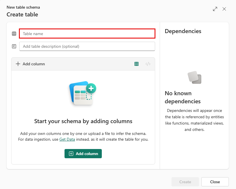Real-Time Intelligence の新しいテーブル ウィザードのスクリーンショット。テーブル名と説明が強調表示されています。