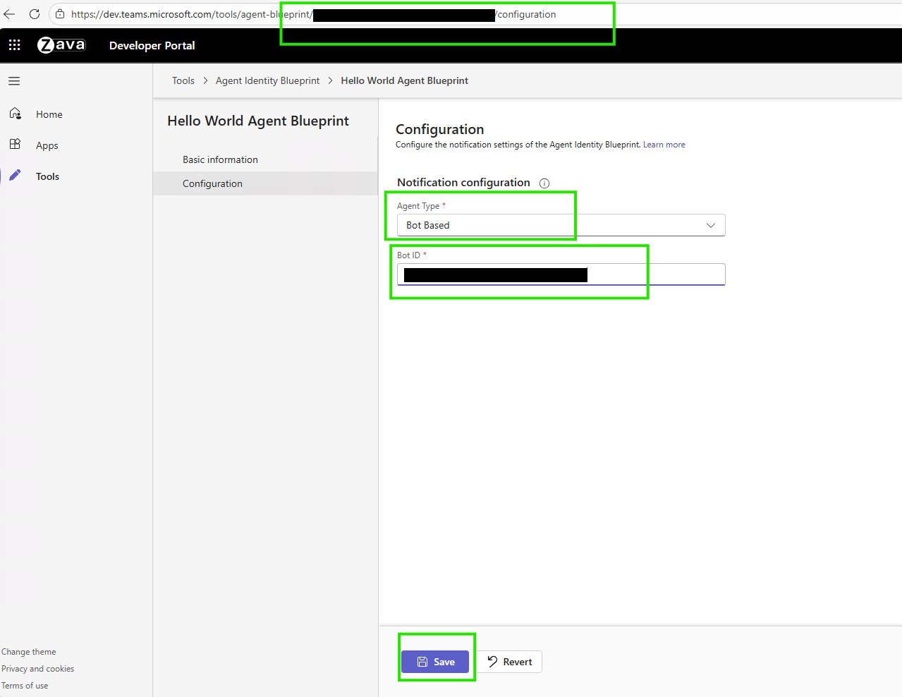 Developer Portalの設定ページ(エージェントタイプがBot Baseに設定され、Bot IDフィールドが埋められている)を示すスクリーンショットです。