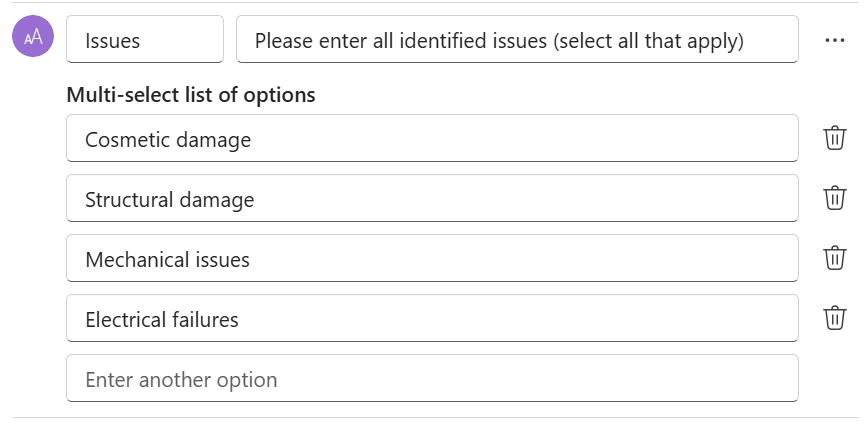 Copilot Studio におけるテキスト入力の複数選択オプションのスクリーンショット。
