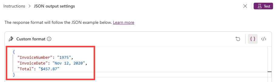 カスタム JSON 形式のスクリーンショット。