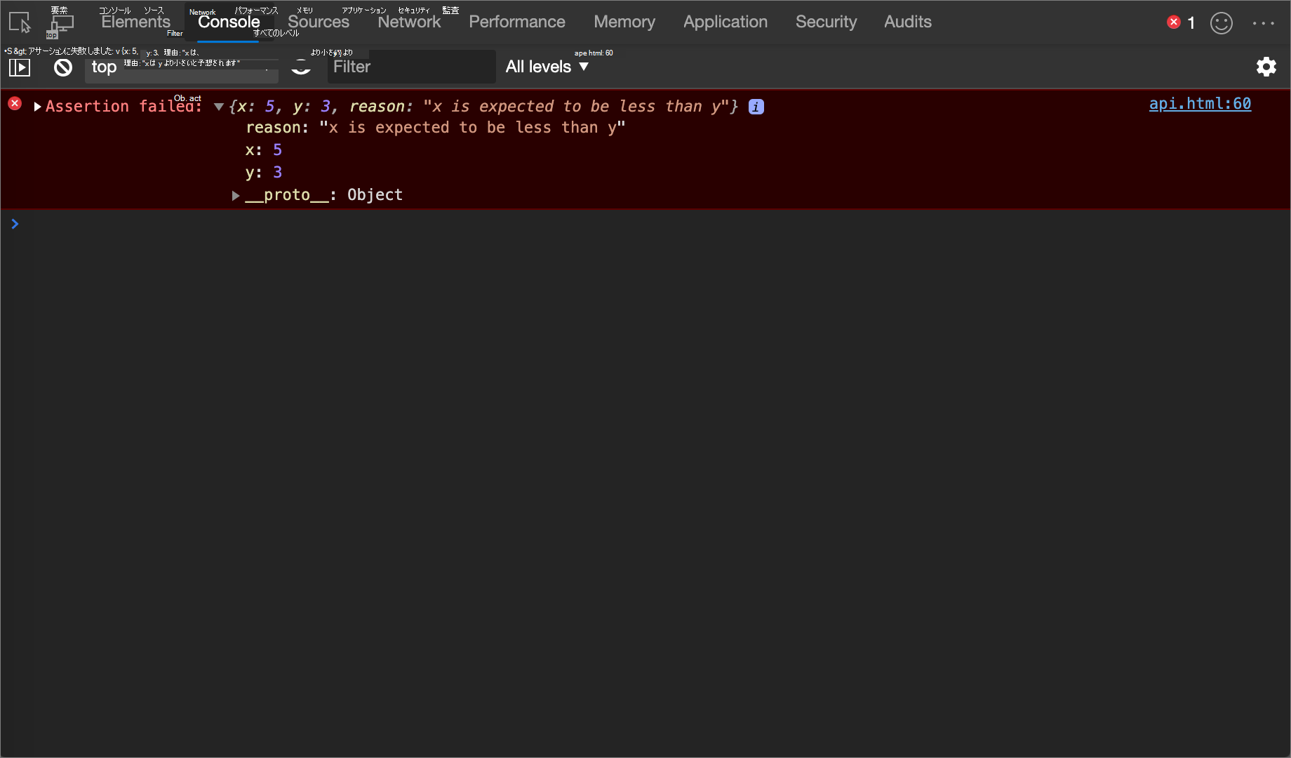 console.assert() の例の結果