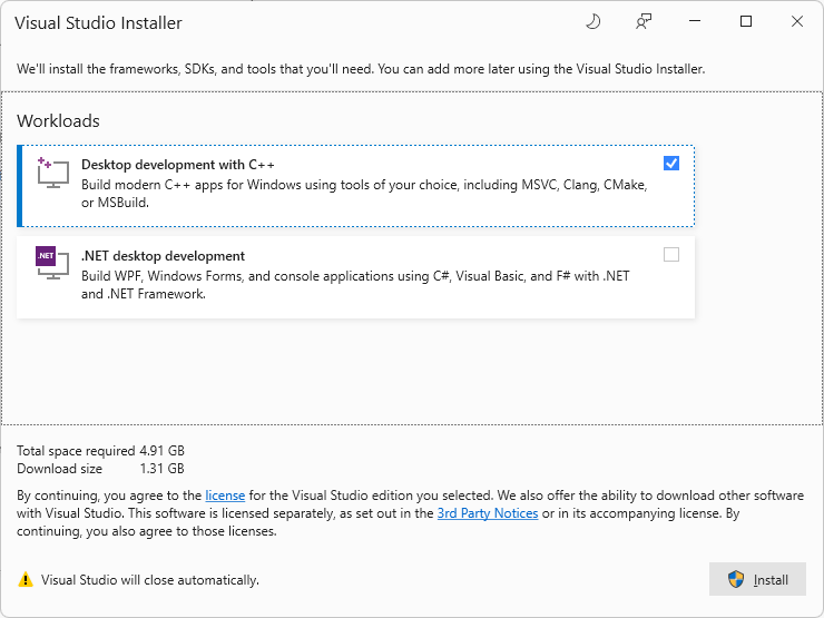Visual Studio Installer 'C++を使用したデスクトップ開発' ワークロードのインストールを求めるメッセージが表示される