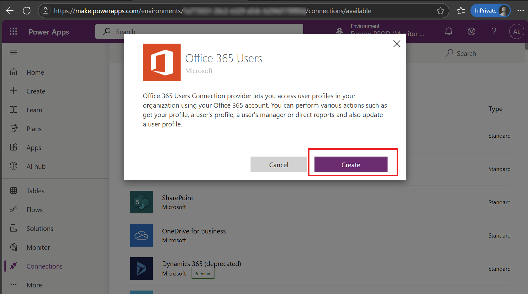 Power Apps で Office 365 Users 接続を作成する