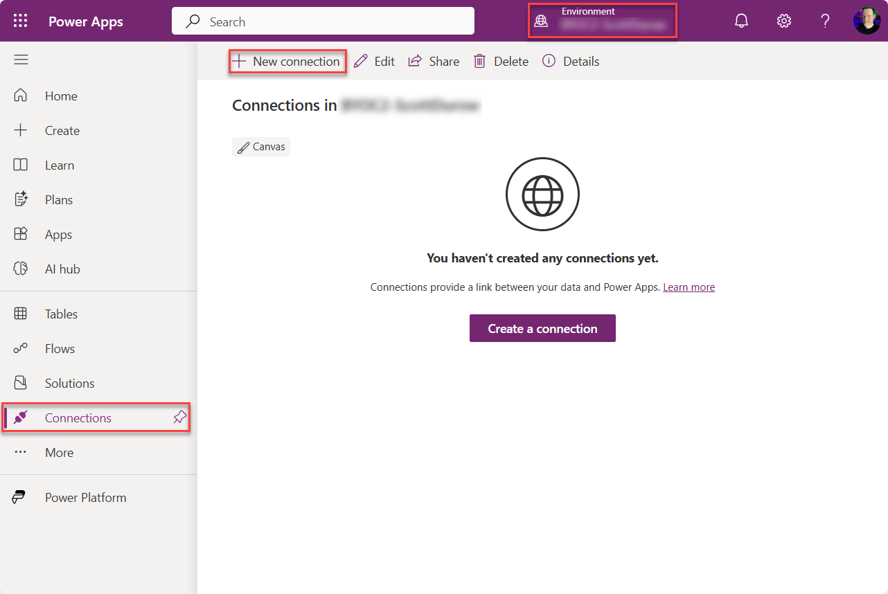 + Power Apps で新規接続