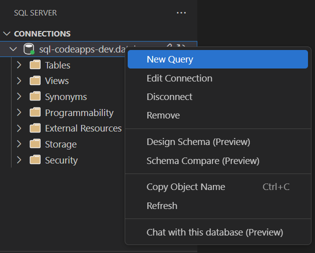 VS Code SQL 拡張機能のデータベースの新しいクエリ コマンド
