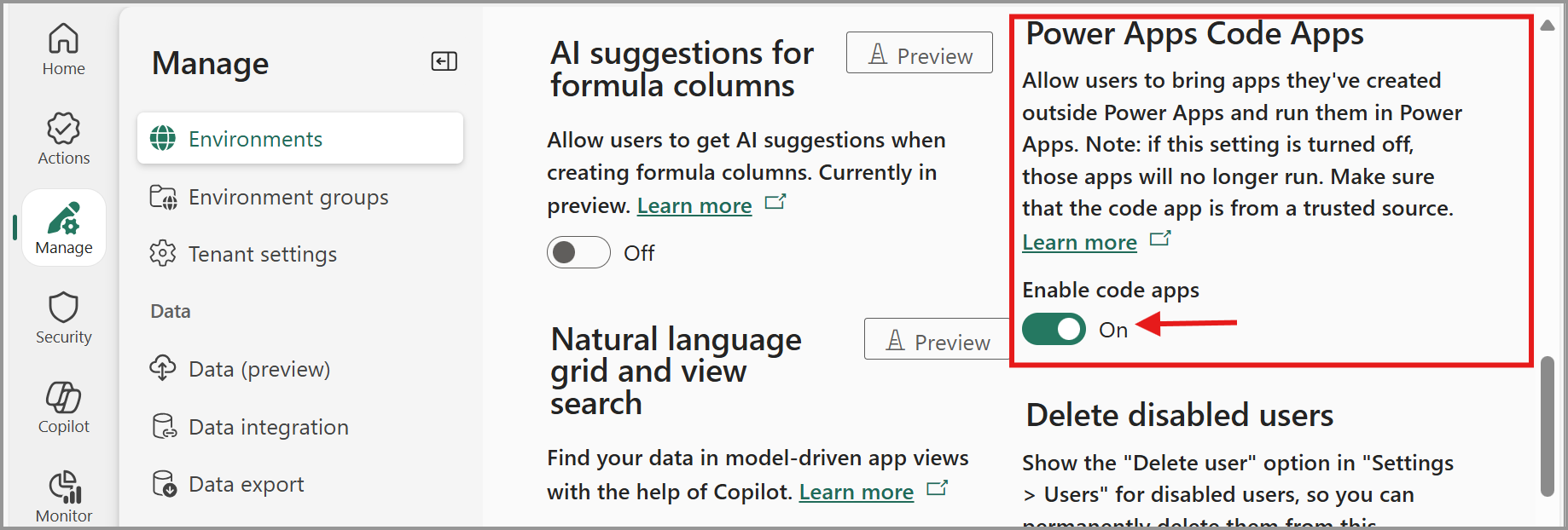 コード アプリを有効にする