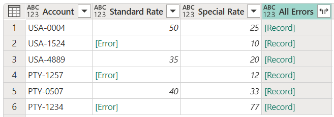 [すべてのエラー] 列が追加され、エラーがレコードとして表示されているテーブルのスクリーンショット。