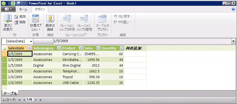 説明付きの PowerPivot ウィンドウの [デザイン] タブ
