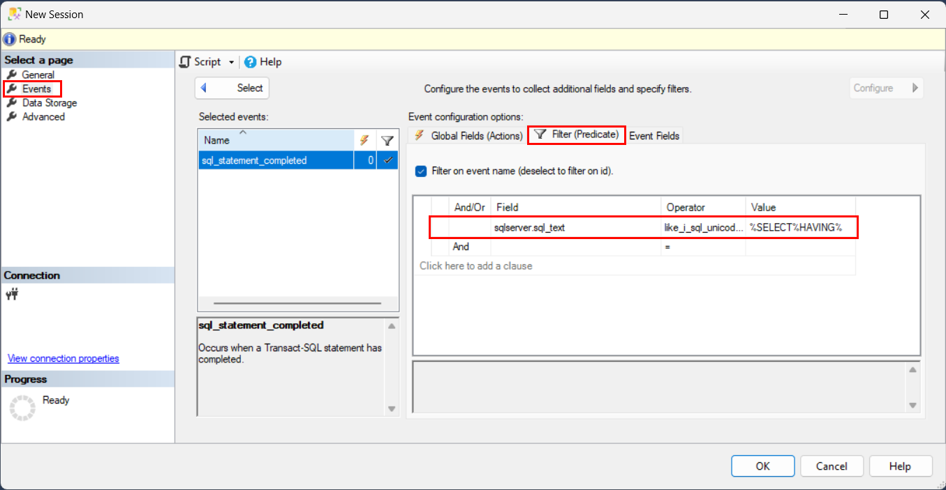 [新しいセッション] > [イベント] > [構成] > [フィルター (述語)] > [フィールド]のスクリーンショット