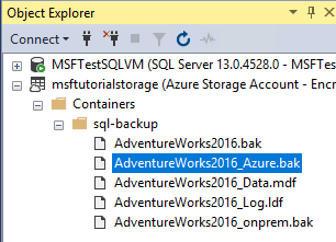 Azure 上のスナップショット バックアップを示す SSMS のオブジェクト エクスプローラーのスクリーンショット。