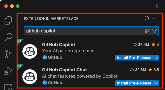 Visual Studio Code の GitHub Copilot 拡張機能のスクリーンショット。