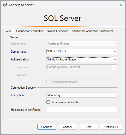 SQL Server のクラシック接続ダイアログのスクリーンショット。