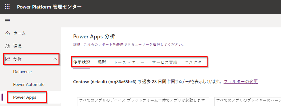 Power Apps 分析ダッシュボードのスクリーンショット。左側のメニューでは分析と Power Apps が強調表示されており、ダッシュボードのレポート タブが強調表示されています。