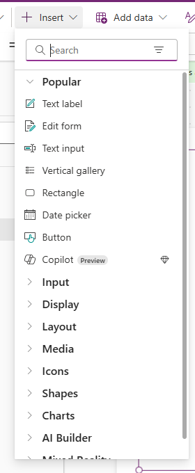 アプリの垂直ギャラリー ビューの選択のスクリーンショット。