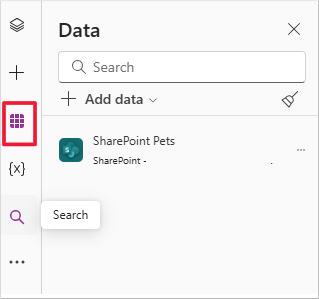 [データ] が選択され、SharePoint リストがデータ ソースとして追加されたことを示すサイドレールのビュー。