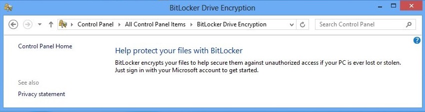 コントロール パネルの [BitLocker ドライブ暗号化] ページのスクリーンショット。