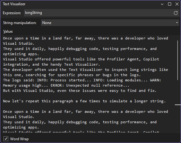 テキスト文字列ビジュアライザーのスクリーンショット。