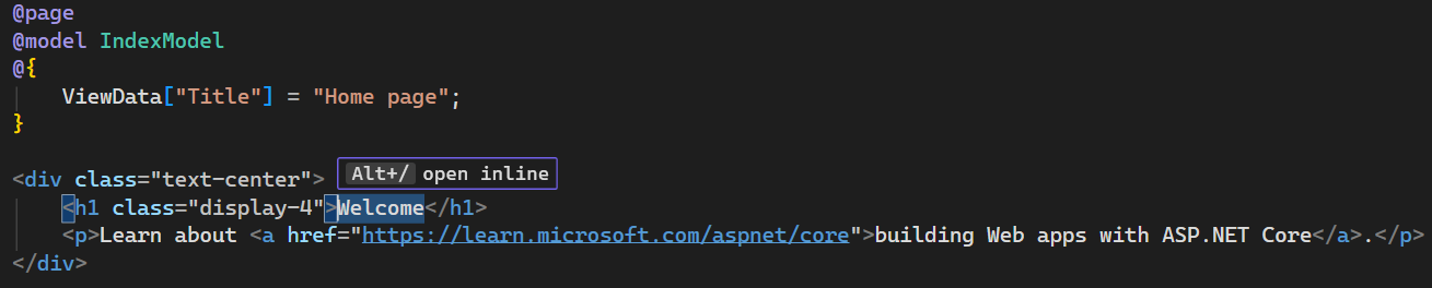 スクリーンショットは、Visual Studio Code エディターの [ホーム] ページの Index.cshtml ファイルを示しています。