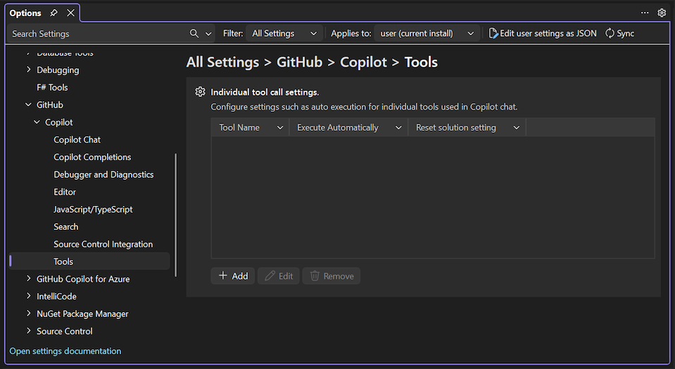 Visual Studio の GitHub Copilot ツールの呼び出し設定を示すスクリーンショット。