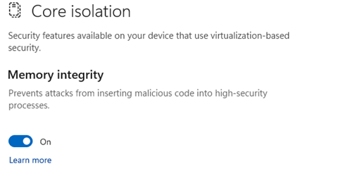 メモリの整合性をオンまたはオフにするトグルのスクリーンショット。