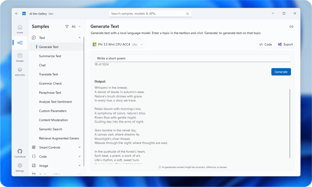 AI-Generated テキスト サンプルを使用した AI Dev Gallery アプリのスクリーンショット