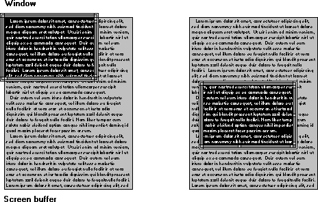 コンテンツの大きなバッファーを囲む画面バッファー ウィンドウのパン