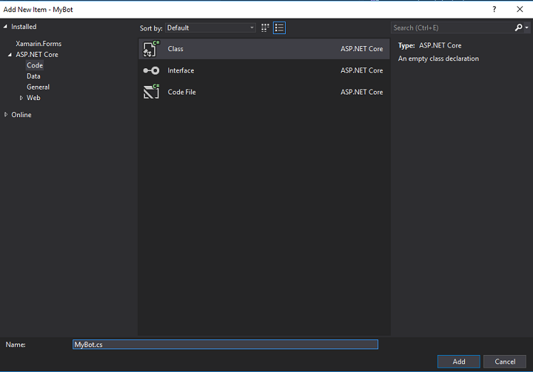 新しいクラスの作成 'MyBot' を示すスクリーンショット。