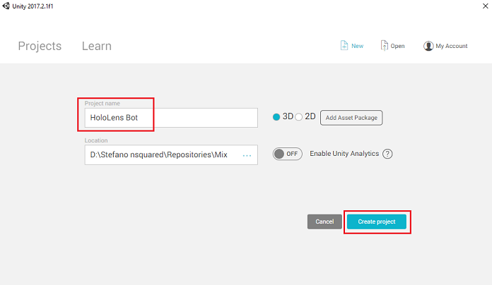 [プロジェクト名] フィールドが強調表示されている新しいUnityを示すスクリーンショット。