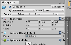 視線入力ボタンのインスペクター画面のスクリーンショット。