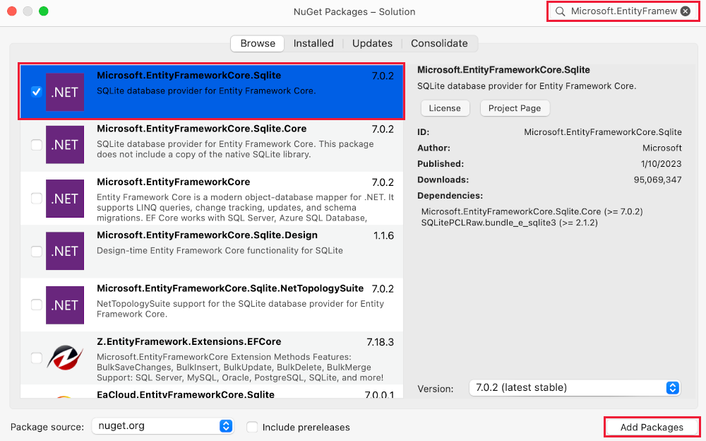 Entity Framework Core NuGet 패키지 추가