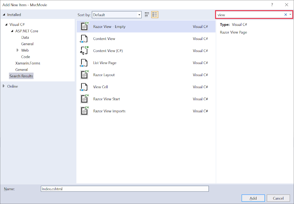 새 항목 추가 대화 상자
