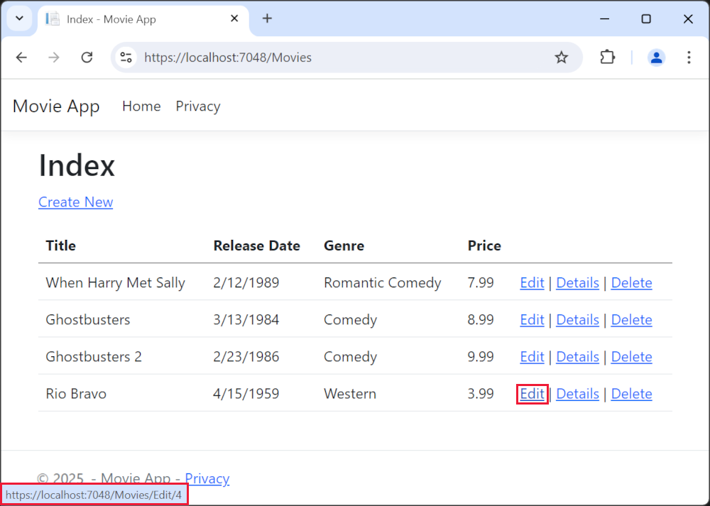 브라우저 창에서 편집 링크에 마우스를 가져가면 https://localhost:5001/Movies/Edit/5의 링크 Url이 표시됩니다.