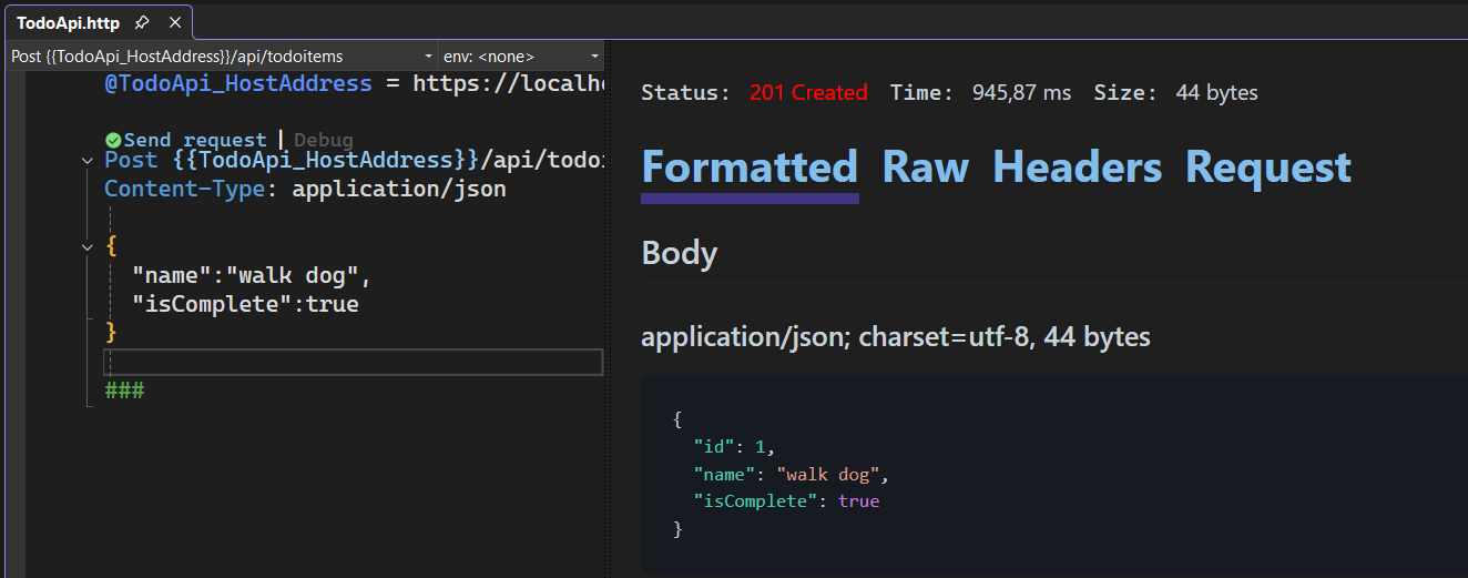 POST 요청의 응답이 포함된 .http 파일 창입니다.
