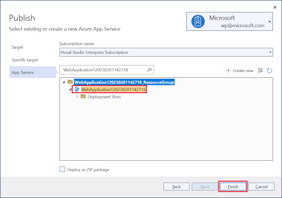 게시 대화 상자: App Service 인스턴스 선택