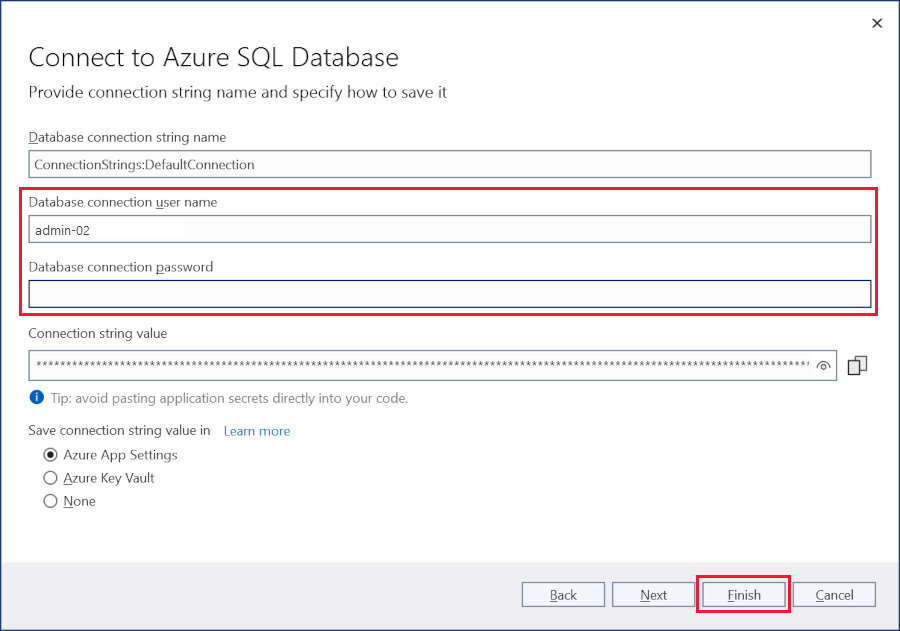 Azure SQL Database 구성 대화 상자, 연결 문자열 세부 정보