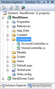 Nerd Dinner 탐색 트리의 스크린샷. 컨트롤러가 강조 표시되고 확장됩니다.