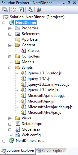 솔루션 탐색기 Nerd Dinner 탐색 트리의 스크린샷 괴상한 저녁 식사가 강조 표시되고 확장됩니다.