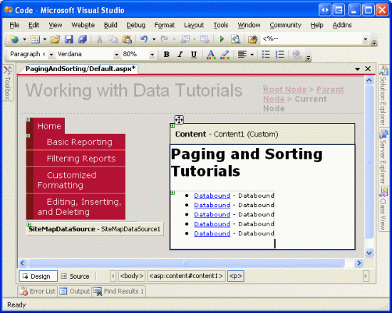 SectionLevelTutorialListing.ascx 사용자 컨트롤을 Default.aspx에 추가하십시오