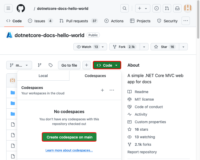 포크된 dotnetcore-docs-hello-world GitHub 리포지토리에서 코드스페이스를 만드는 방법을 보여 주는 스크린샷