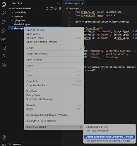 상황에 맞는 메뉴에서 현재 파일 디버그
